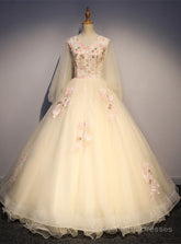 Champagne Tulle V-neck Long Sleeve Appliques Beading Quinceanera Dress